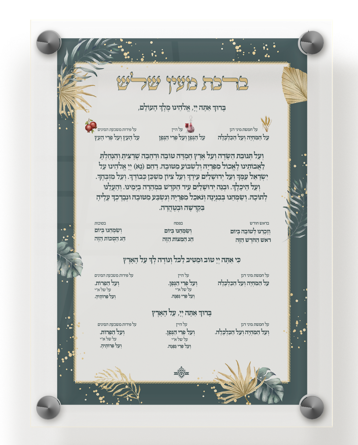 Acrylic Birchat Mein Shulesh - Al Hamichya with Silver Standoffs 10x14" - LEHADAR