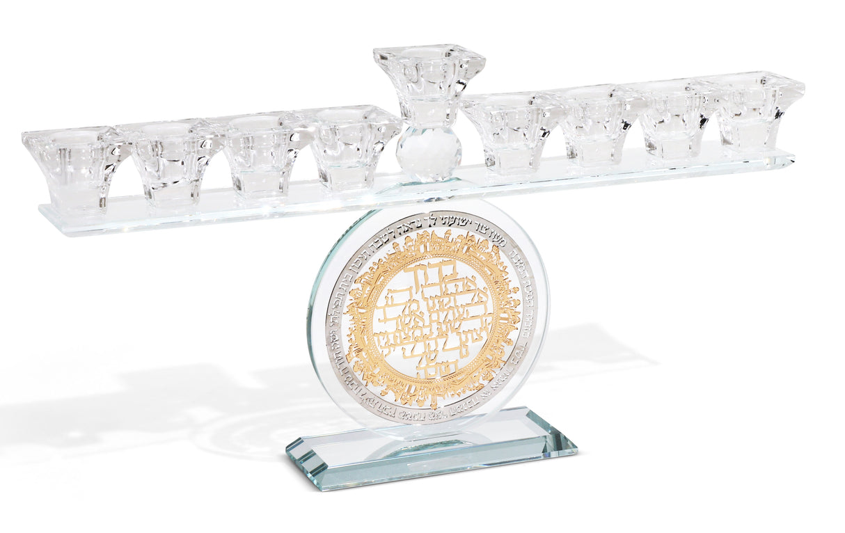 Crystal Menorah with Silver & Gold Round Blessing Plates - LEHADAR