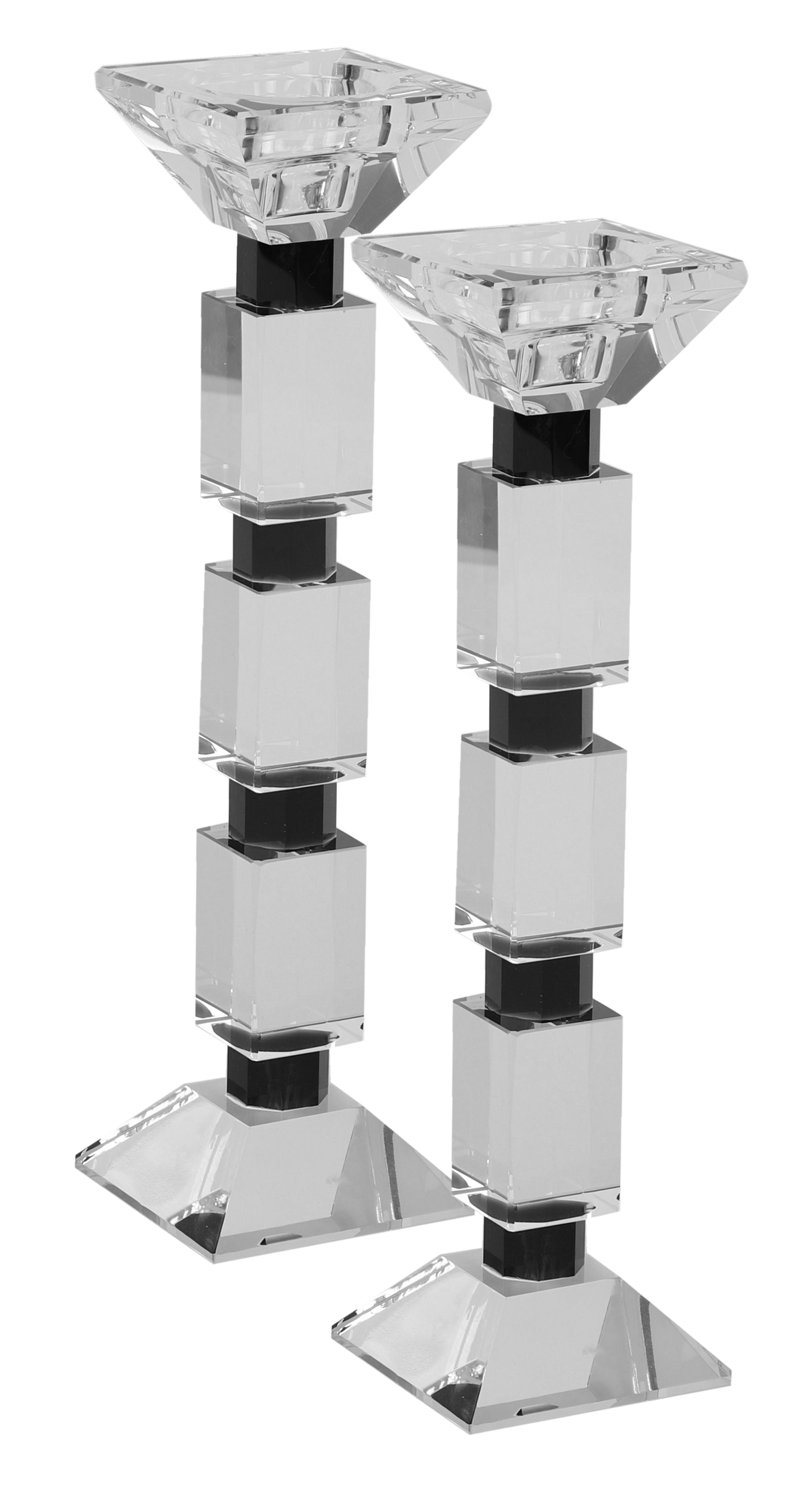 Set of 2 Crystal Candlesticks crystal and black rectangular pattern 10" - LEHADAR