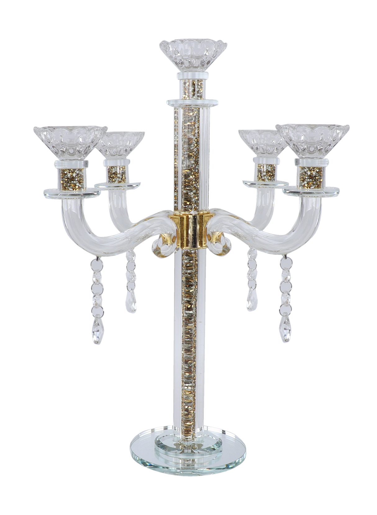 "Royal Style" 5 Branch Gold Filling Crystal Candelabra 15.5"H - LEHADAR