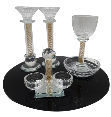 Set Of Crystal Candle Holder with Kiddush Cup and Salt Holder - LEHADAR
