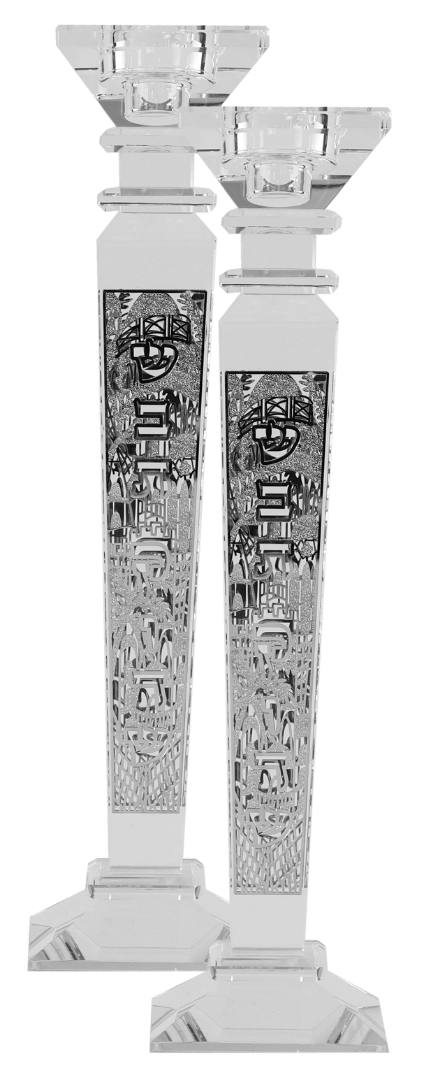 Crystal Candle Holder With Jerusalem Silver 12" - LEHADAR