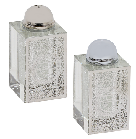 Crystal Salt And Pepper Shaker Set Broken Glass & Shabbat Kodesh Silver Design 3"H - LEHADAR