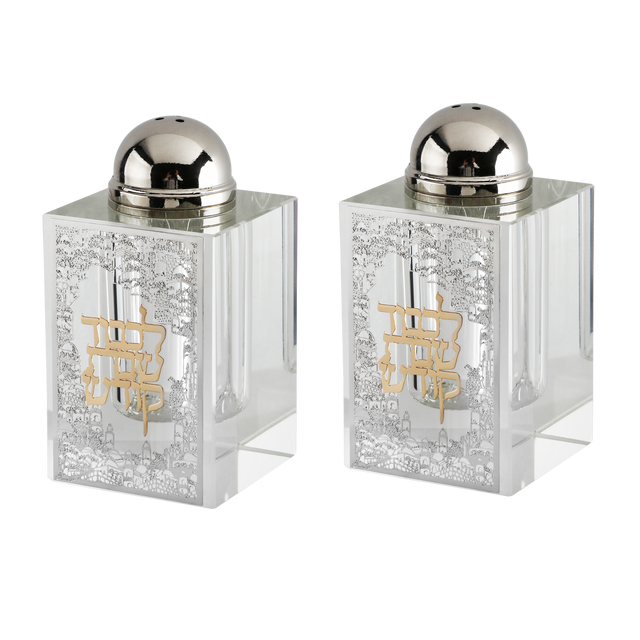 Crystal Salt & Pepper Set Silver Jerusalem with Gold Shabbat Kodesh 3"HX1.5" - LEHADAR