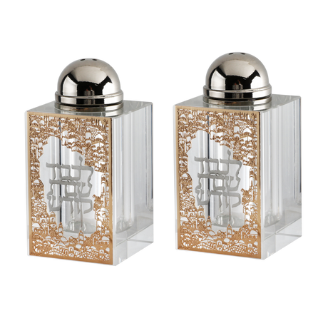 Crystal Salt & Pepper Set Gold Jerusalem with Silver Shabbat Kodesh 3"HX1.5" - LEHADAR