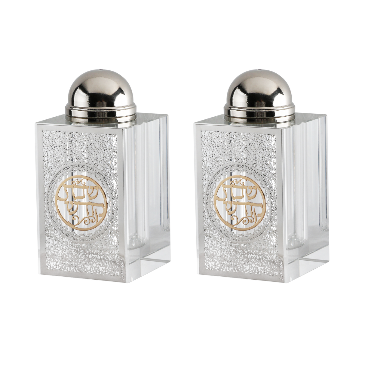 Crystal Salt & Pepper Set Silver Floral with Gold Shabbat Kodesh 3"HX1.5" - LEHADAR