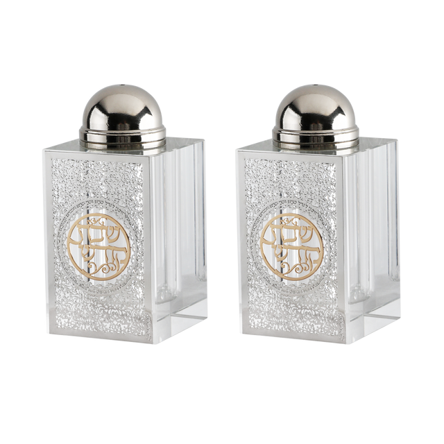 Crystal Salt & Pepper Set Silver Floral with Gold Shabbat Kodesh 3"HX1.5" - LEHADAR