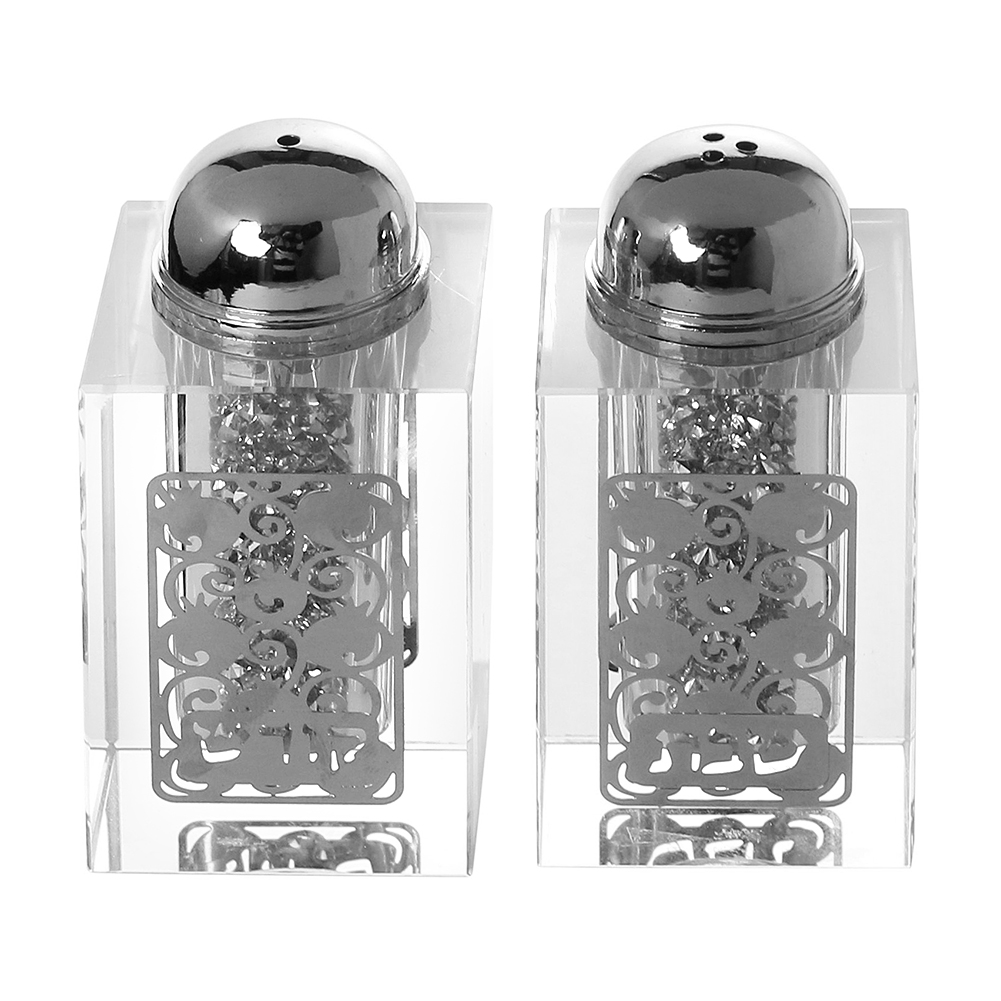 Crystal Salt And Pepper Shaker Set Broken Glass & Silver Design 3"H - LEHADAR