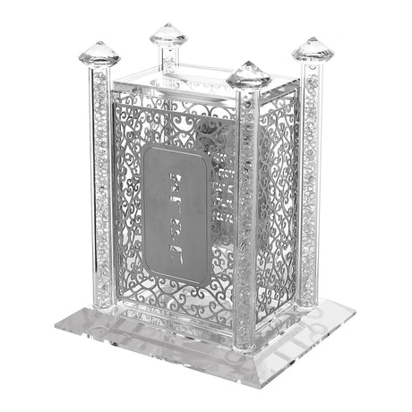 Crystal Tzedakah Pushka With Silver Design 4x3x3.5" - LEHADAR