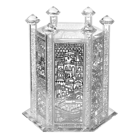 Crystal Tzedakah Box Octagon Jerusalem Silver Design 5.5"Hx4 - LEHADAR