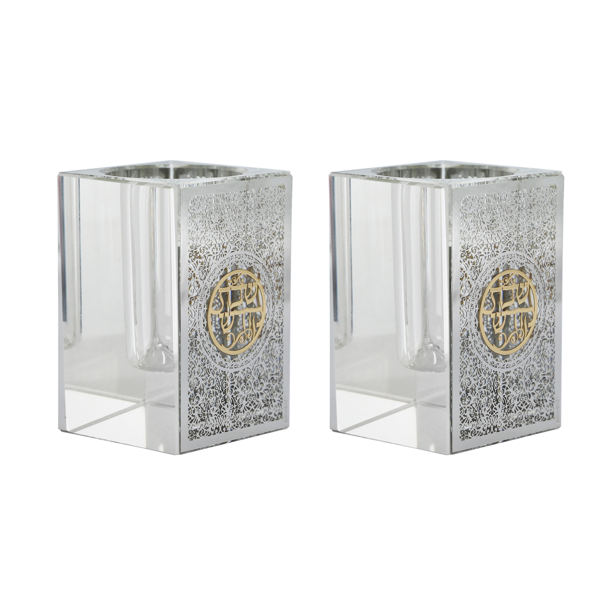 Crystal tea Light Holders With Silver Jerusalem And Gold Shabbat Kodesh 3"Hx2x2" - LEHADAR