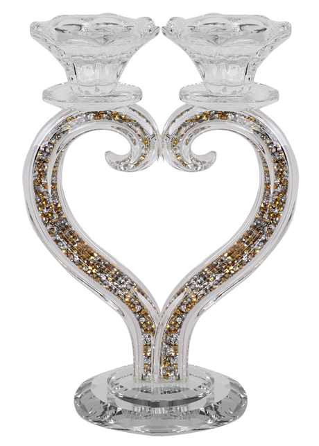 Candelabra 2 Light Heart Shape Gold & Silver Crystals 8.5" - LEHADAR