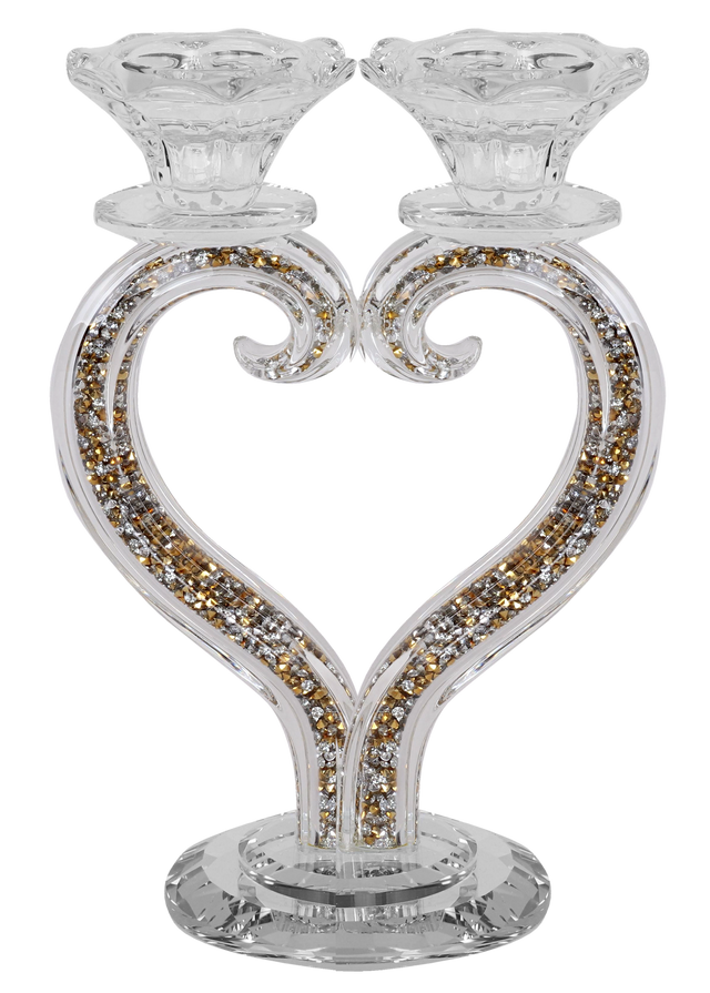 Candelabra 2 Light Heart Shape Gold & Silver Crystals 8.5" - LEHADAR