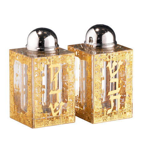 Salt And Pepper Set Gold Jerusalem Shabbat 3"HX1.5" - LEHADAR