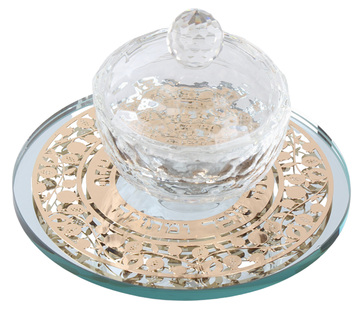 Crystal Honey Dish with Mirror Tray and Gold "Shana Tova" Pomegranate Plate