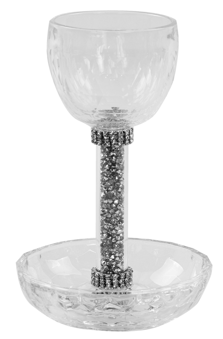 Crystal Cup And Tray With Silver Stones 6.5" Cup 4.5" Tray - LEHADAR