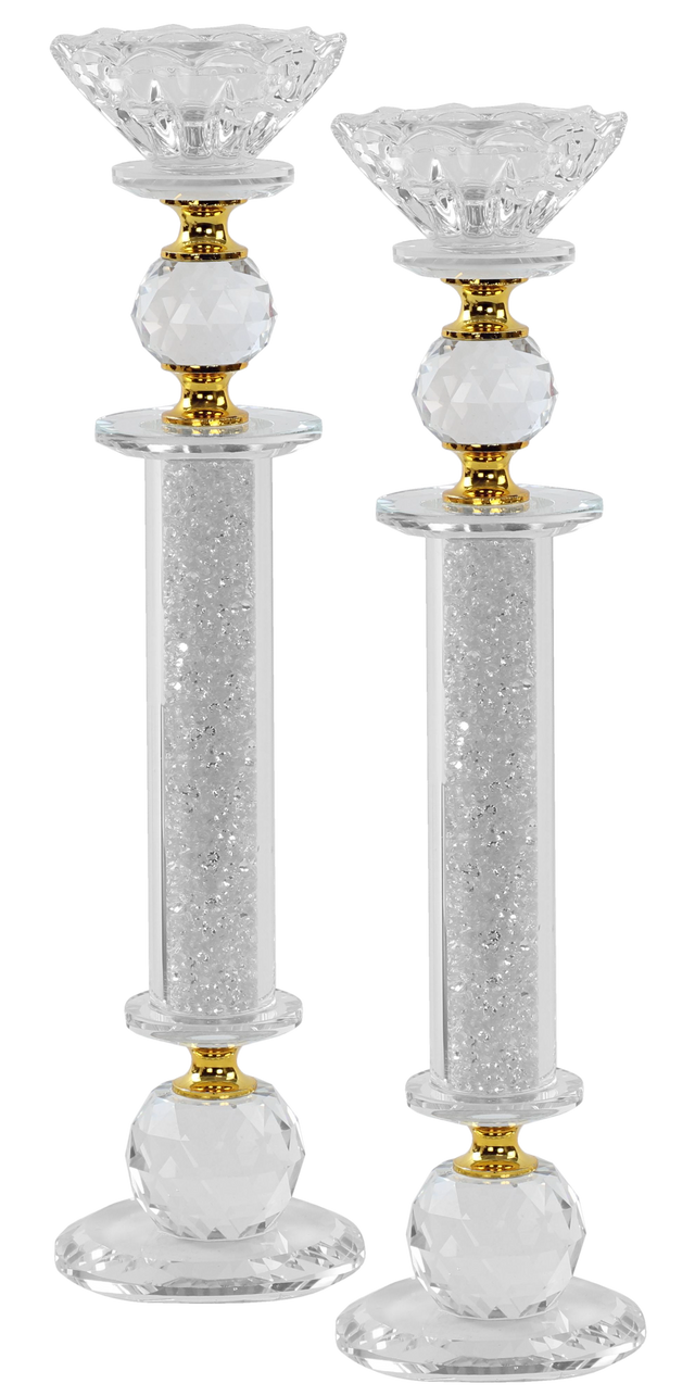 Candlesticks Crystal Gold With Light Silver Stones 11" - LEHADAR