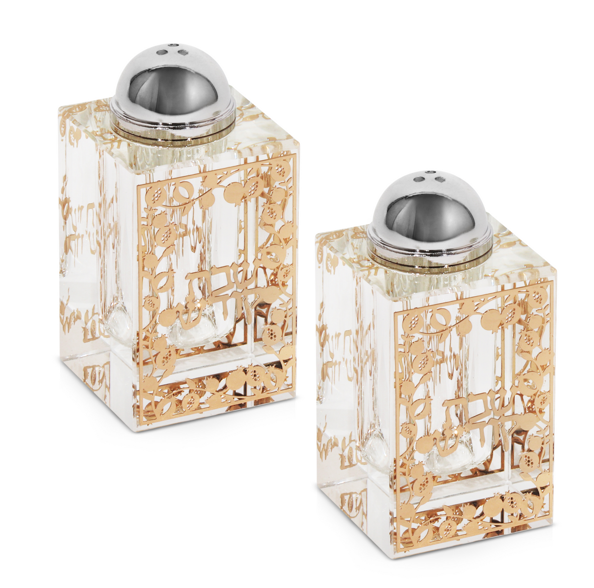 Crystal Salt and Pepper Holder with 2 sides Gold Leaves Plate 2x4" - LEHADAR