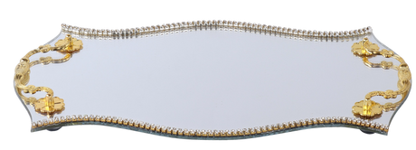 Mirror Tray Circular Shape Gold Handles Crystals