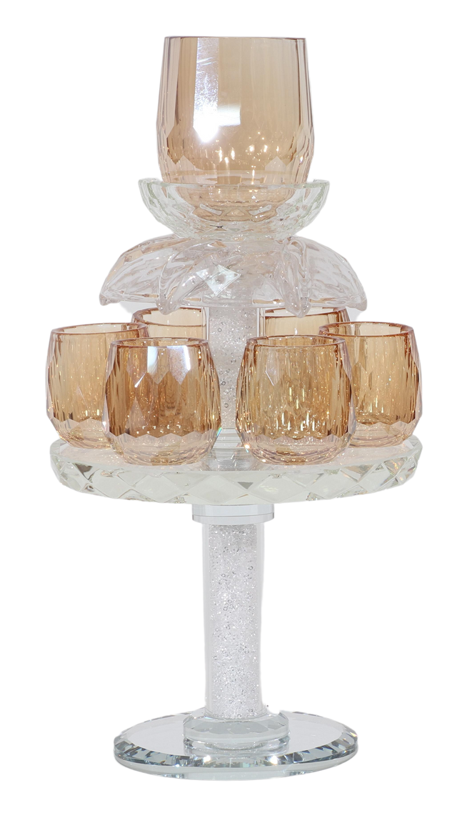 Crystal Fountain 6 Gold Cups 9"H - Clear Filling - Big & Small Cups - LEHADAR