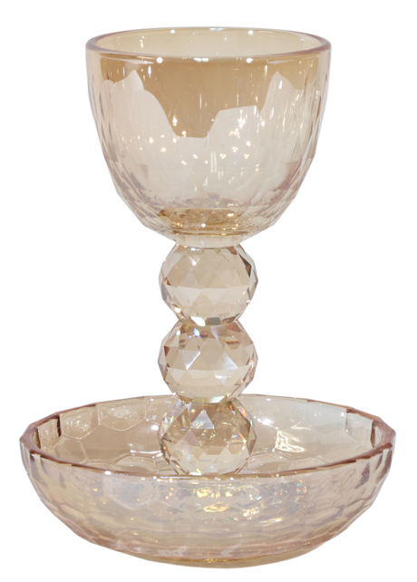 Crystal Gold Kiddush Cup with Tray Circle Design - 5.5" - LEHADAR