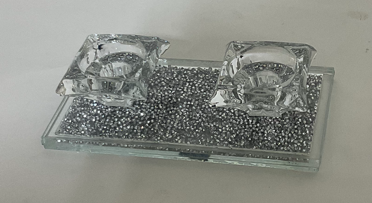 2 Crystal Candle Holder of 2 - on Silver Filling Stand 8" x 4"