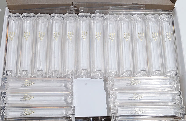 Case of 36 Clear Plastic Mezuzah Covers-Gold 'Shin 7 Cm - LEHADAR