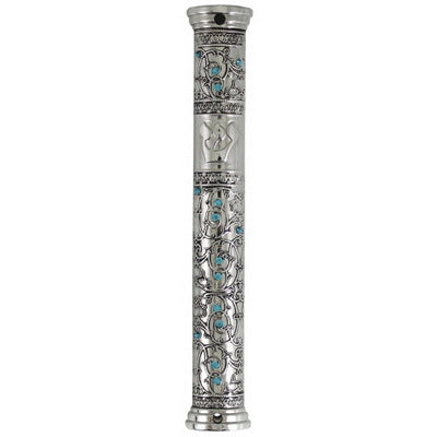 Nickel Mezuzah 12 Cm Filigree, Set With Stones