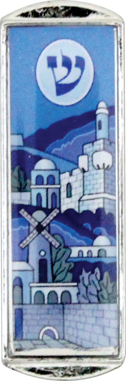 Nickel And Epoxy Mezuzah For Car 5cm-"jerusalem" Shades Of Blue - LEHADAR