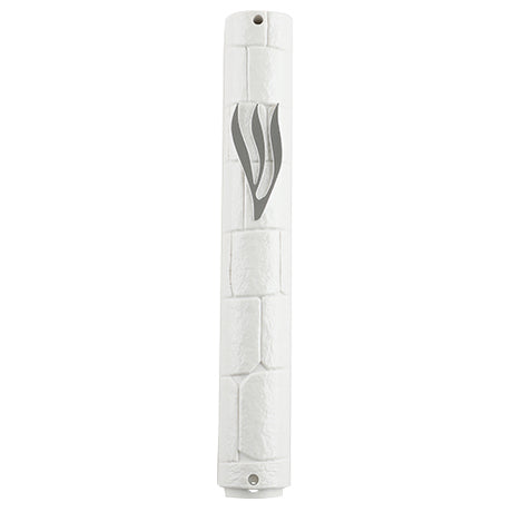 Plastic Mezuzah With Rubber Cork 15 Cm- "The Kotel" White With Slv Shin - LEHADAR