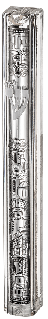 Transparent Plastic Mezuzah with Rubber Cork 12 cm- with the letter Shin and Plaque - LEHADAR