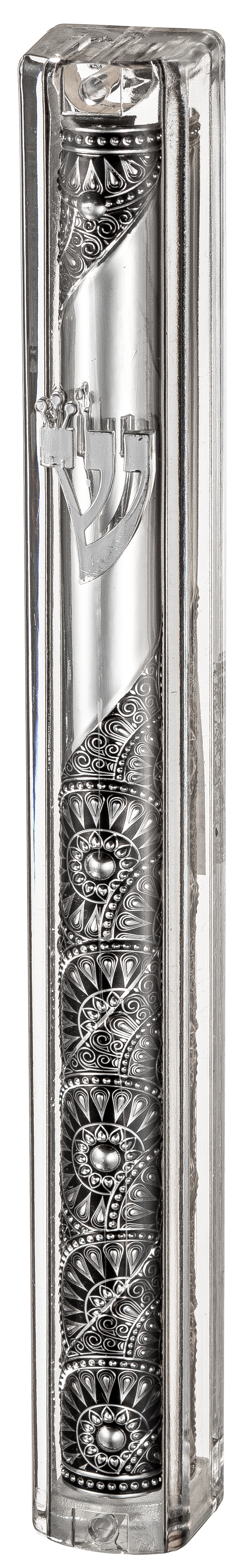 Transparent Plastic Mezuzah with Rubber Cork 12 cm- with the letter Shin and Plaque - LEHADAR