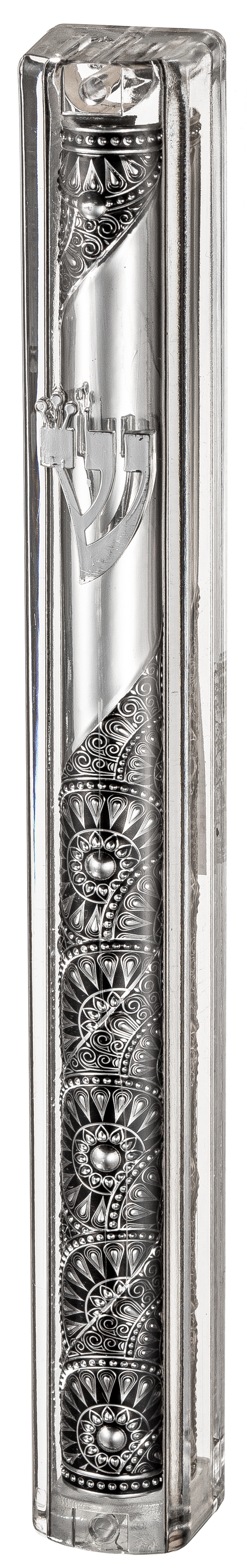 Transparent Plastic Mezuzah with Rubber Cork 12 cm- with the letter Shin and Plaque - LEHADAR