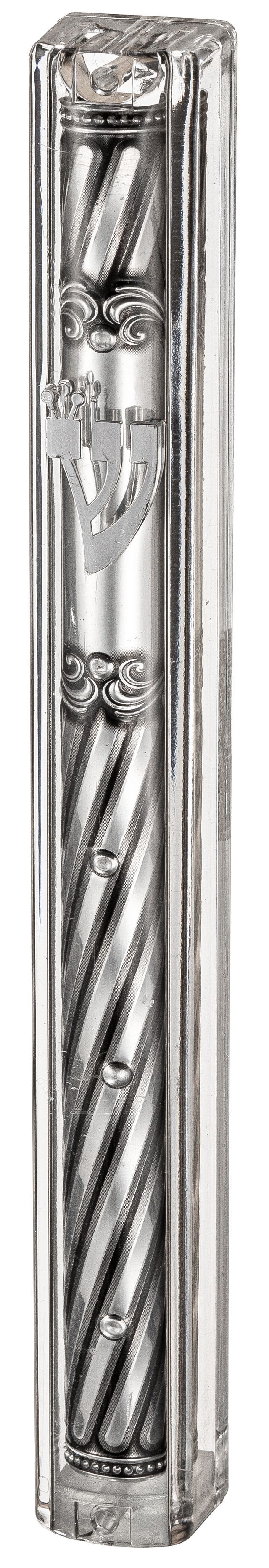 Transparent Plastic Mezuzah with Rubber Cork 15 cm- with the letter Shin and Plaque - LEHADAR