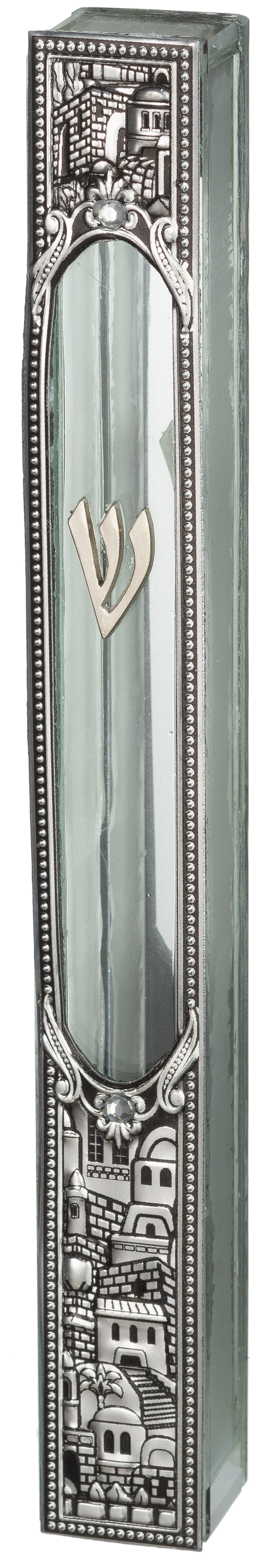 Glass Mezuzah with Jerusalem Metal Plaque - LEHADAR