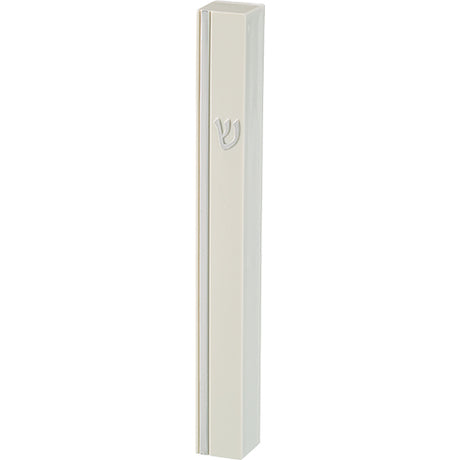 White Plastic Mezuzah 15 cm - Silver SHIN & Stripe with Rubber Cork - LEHADAR