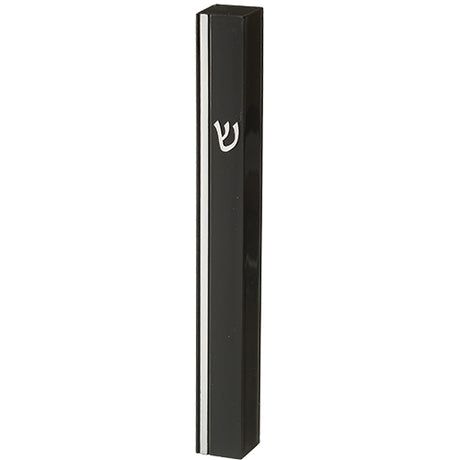 Black Plastic Mezuzah 15 cm - Silver SHIN & Stripe with Rubber Cork - LEHADAR