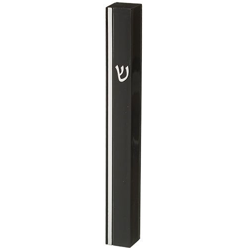 Black Plastic Mezuzah 15 cm - Silver SHIN & Stripe with Rubber Cork - LEHADAR