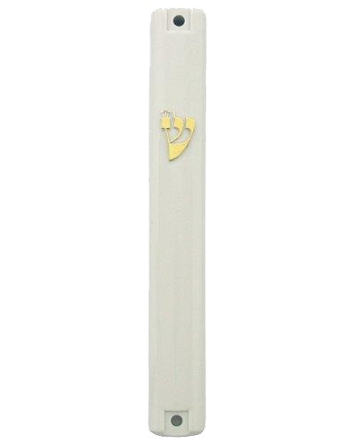 White Plastic Mezuzah Waterproof - Gold Shin - LEHADAR