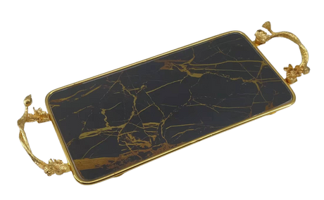 Rectangle Black & Gold Glass Marble Tray 15"x30" - LEHADAR