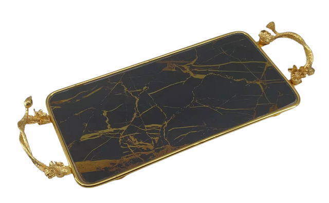 Rectangle Black & Gold Glass Marble Tray 15"x30" - LEHADAR