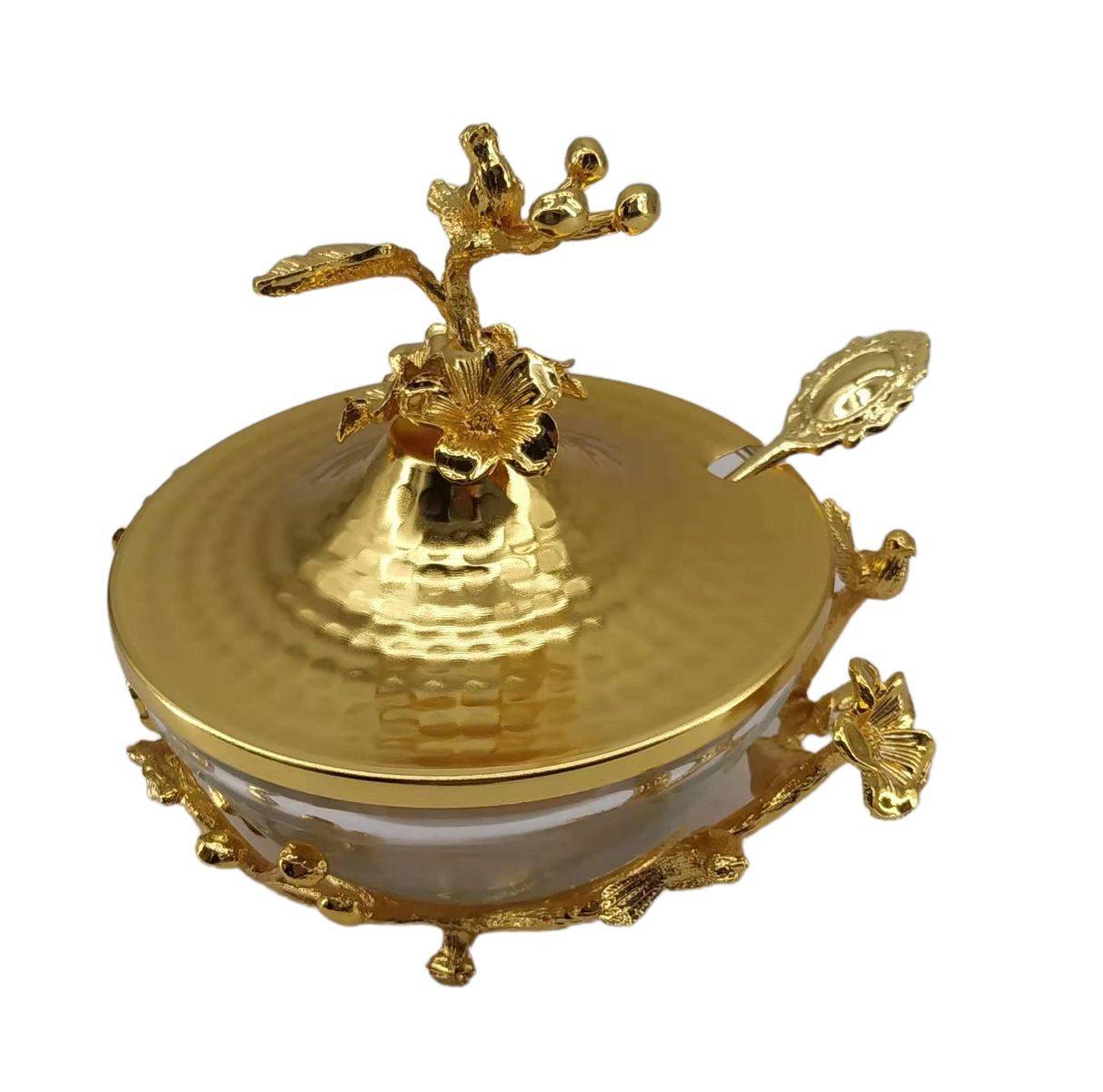 Gold Honey Dish With Glass Plate - Gold Spoon - LEHADAR