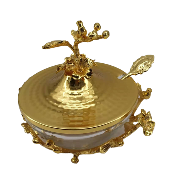Gold Honey Dish With Glass Plate - Gold Spoon - LEHADAR