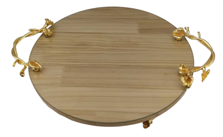 Wood Tray Round - Gold Leaves 13.5" - LEHADAR