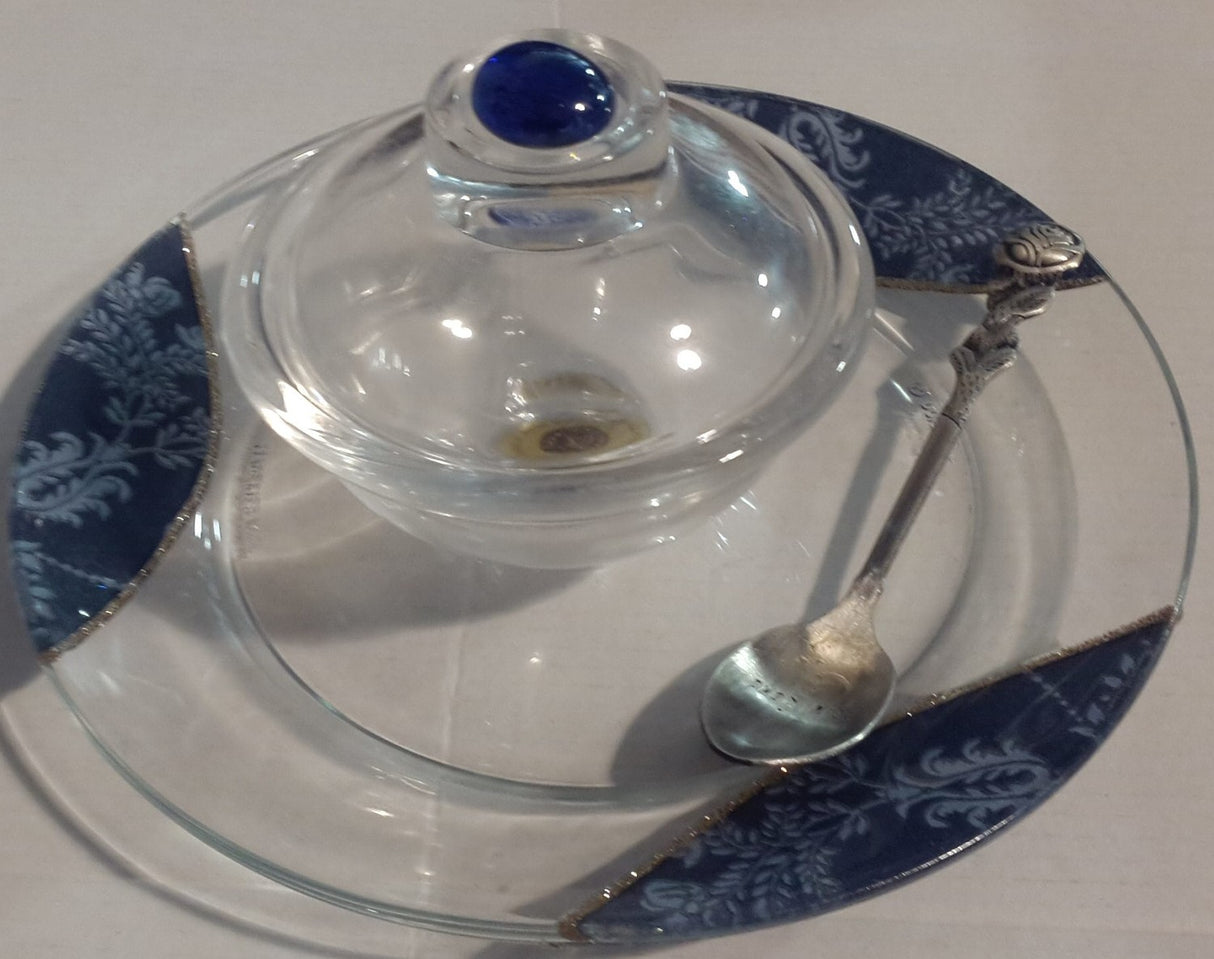 Honey Dish By Lily w/ saucer & spoon Blue