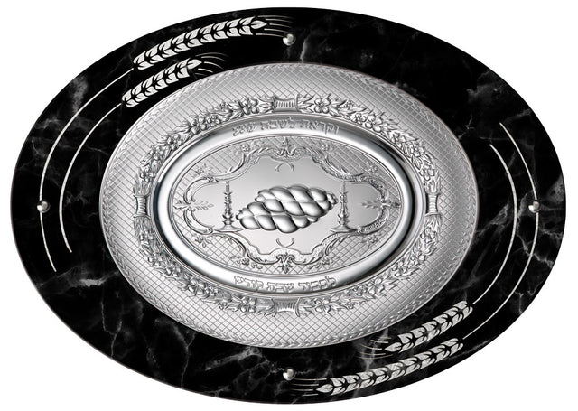 Camilletti Oval Challah Tray With 925 sp Silver Black Marble With Silver Barley Design - LEHADAR
