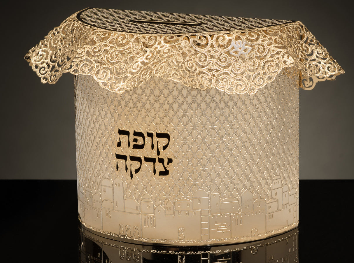 Tzedakah Box 24 k gold Plated By Jerusalem Impressions 4x4x2" 1/8x 1 5/8 " - LEHADAR