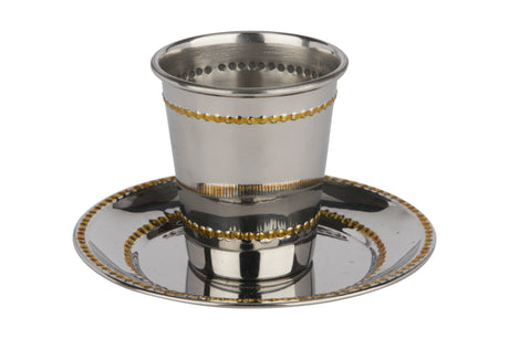 Stainless Steel Kiddush Cup Set Shinny Gold Beaded 3" - LEHADAR