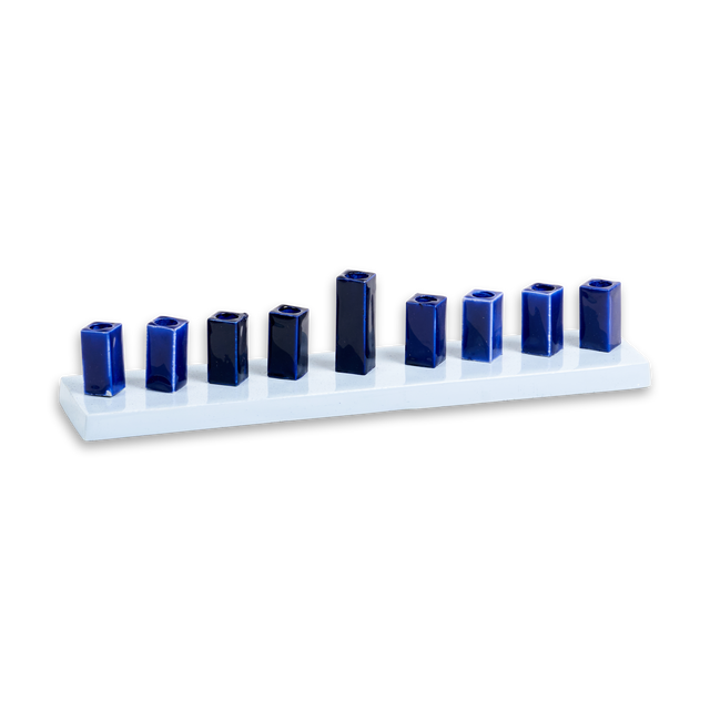 Strip Menorah Enamel Finish Purple And Navy 9/14 x 2 x 2" - LEHADAR