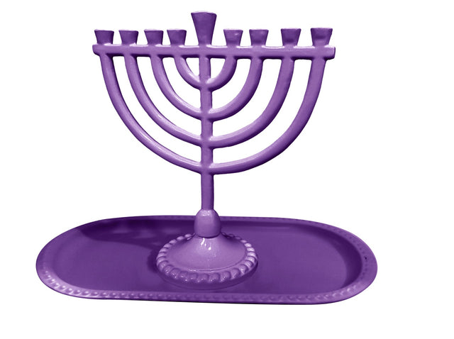 Menorah And Tray Set Purple .Menorah 6Wx6.5H" Tray 8x4 " - LEHADAR
